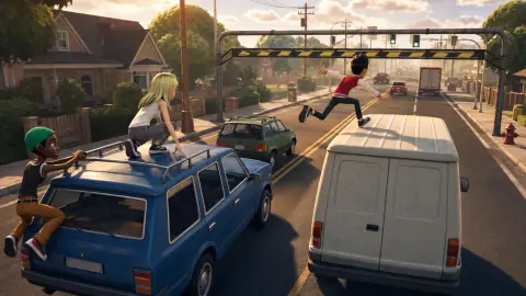 Friends leaping between car roofs