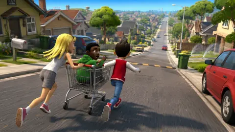 Friends pushing a shopping cart down a steep suburban street