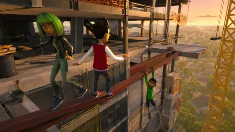 Friends balancing on a construction girder high above the city